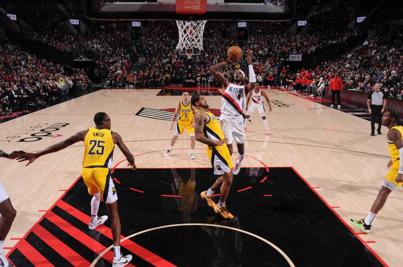 PORTLAND, OR - JANUARY 19: Jerami Grant #9 of the Portland Trail Blazers drives to the basket during the game against the Indiana Pacers on January 19, 2024 at the Moda Center Arena in Portland, Oregon. NOTE TO USER: User expressly acknowledges and agrees that, by downloading and or using this photograph, user is consenting to the terms and conditions of the Getty Images License Agreement. Mandatory Copyright Notice: Copyright 2024 NBAE (Photo by Cameron Browne/NBAE via Getty Images)