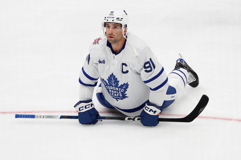 Oct 24, 2023; Washington, District of Columbia, USA; Toronto Maple Leafs center John Tavares (91) stretches during warmup prior to the game against the Washington Capitals at Capital One Arena. Mandatory Credit: Geoff Burke-USA TODAY Sports