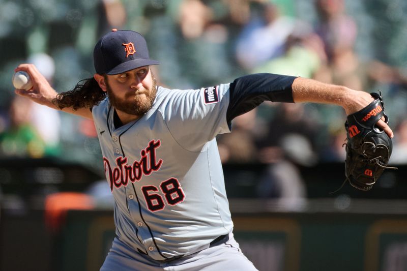 Sep 7, 2024; Oakland, California, USA; Detroit Tigers pitcher Jason Foley (68) throws a pitch against the Oakland Athletics during the ninth inning at Oakland-Alameda County Coliseum. Mandatory Credit: Robert Edwards-Imagn Images