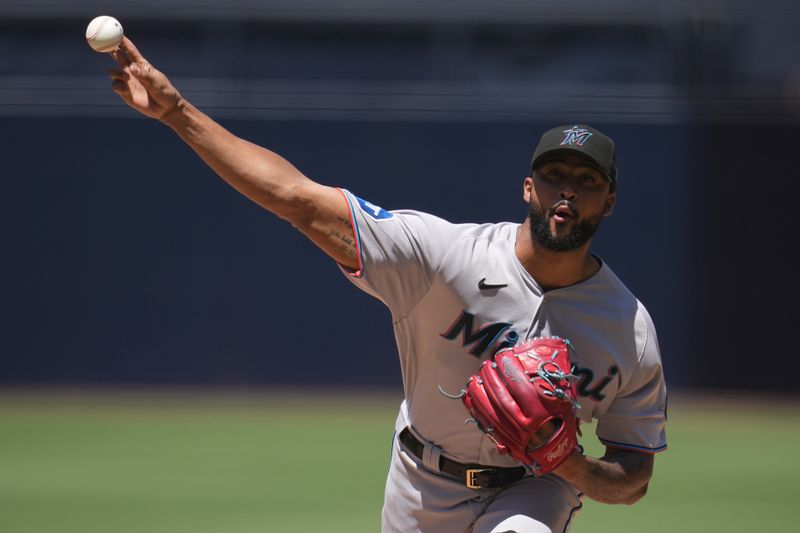 Aug 23, 2023; San Diego, California, USA;  Miami Marlins starting pitcher Sandy Alcantara (22) throws a pitch against to the San Diego Padres during the first inning at Petco Park. Mandatory Credit: Ray Acevedo-USA TODAY Sports