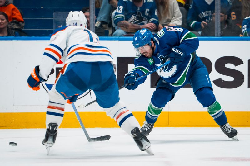 Oct 3, 2025; Vancouver, British Columbia, CAN; Vancouver Canucks forward Conor Garland (8) shoots Edmonton Oilers defenseman Mattias Ekholm (14) in the third period at Rogers Arena. Mandatory Credit: Bob Frid-Imagn Images