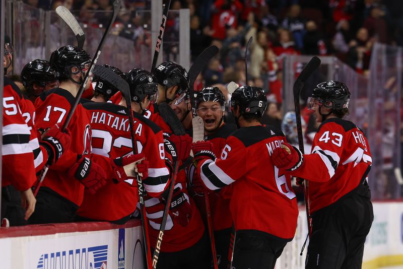 Feb 6, 2024; Newark, New Jersey, USA; New Jersey Devils left wing Erik Haula (56) celebrates his goal against the Colorado Avalanche during the third period at Prudential Center. Mandatory Credit: Ed Mulholland-USA TODAY Sports