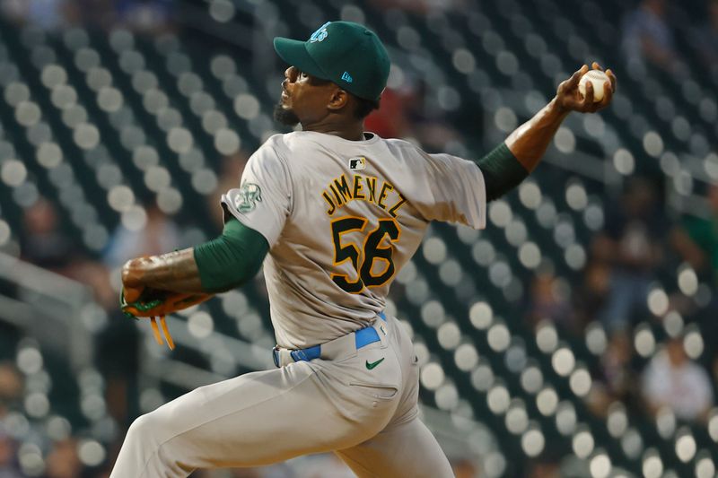 Jun 16, 2024; Minneapolis, Minnesota, USA; Oakland Athletics relief pitcher Dany Jimenez (56) throws to the Minnesota Twins in the eighth inning of game two of a double header at Target Field. Mandatory Credit: Bruce Kluckhohn-USA TODAY Sports