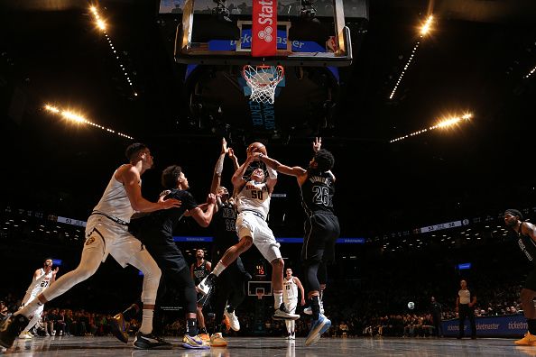 BROOKLYN, NY - DECEMBER 22: Aaron Gordon #50 of the Denver Nuggets goes to the basket during the game on December 22, 2023 at Barclays Center in Brooklyn, New York. NOTE TO USER: User expressly acknowledges and agrees that, by downloading and or using this Photograph, user is consenting to the terms and conditions of the Getty Images License Agreement. Mandatory Copyright Notice: Copyright 2023 NBAE (Photo by Nathaniel S. Butler/NBAE via Getty Images)