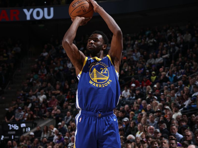 SALT LAKE CITY, UT - FEBRUARY 15: Andrew Wiggins #22 of the Golden State Warriors shoots a three point basket during the game against the Utah Jazz on February 15, 2024 at Delta Center in Salt Lake City, Utah. NOTE TO USER: User expressly acknowledges and agrees that, by downloading and or using this Photograph, User is consenting to the terms and conditions of the Getty Images License Agreement. Mandatory Copyright Notice: Copyright 2024 NBAE (Photo by Melissa Majchrzak/NBAE via Getty Images)