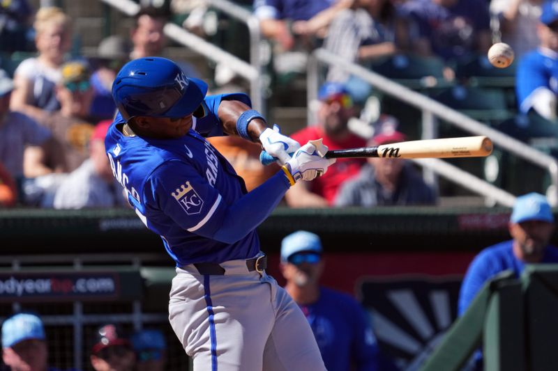 Mar 2, 2024; Goodyear, Arizona, USA; Kansas City Royals right fielder Dairon Blanco (44) bats against the Cleveland Guardians during the second inning at Goodyear Ballpark. Mandatory Credit: Joe Camporeale-USA TODAY Sports