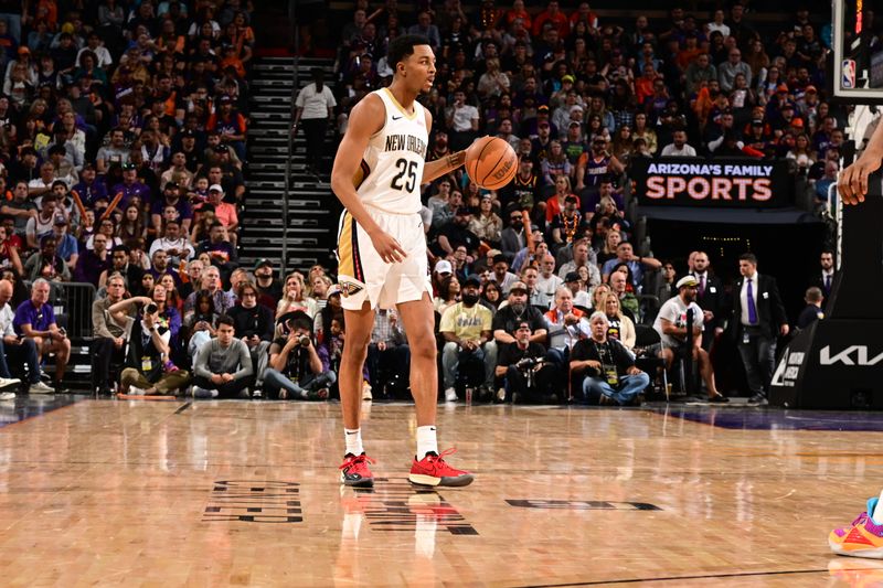 PHOENIX, AZ - APRIL 7: Trey Murphy III #25 of the New Orleans Pelicans dribbles the ball during the game against the Phoenix Suns on April 7, 2024 at Footprint Center in Phoenix, Arizona. NOTE TO USER: User expressly acknowledges and agrees that, by downloading and or using this photograph, user is consenting to the terms and conditions of the Getty Images License Agreement. Mandatory Copyright Notice: Copyright 2024 NBAE (Photo by Kate Frese/NBAE via Getty Images)