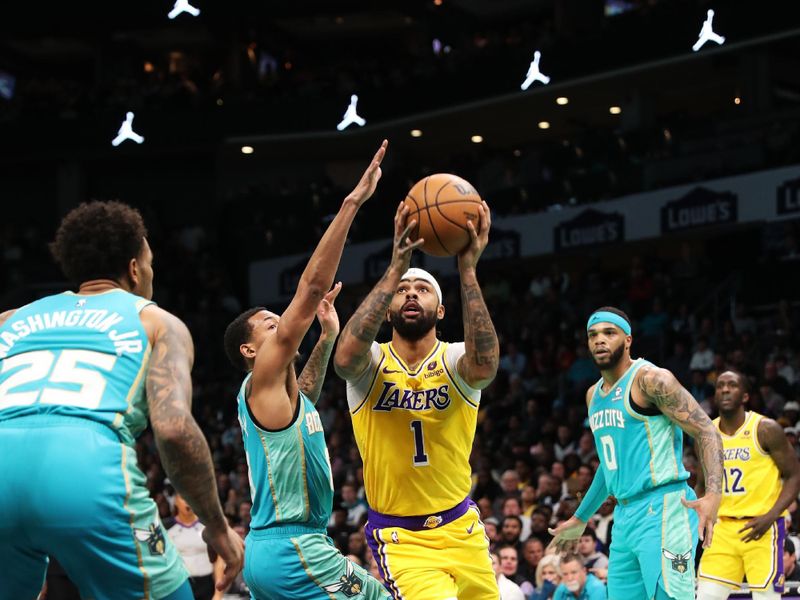 CHARLOTTE, NC - FEBRUARY 5: D'Angelo Russell #1 of the Los Angeles Lakers drives to the basket during the game against the Charlotte Hornets on February 5, 2024 at Spectrum Center in Charlotte, North Carolina. NOTE TO USER: User expressly acknowledges and agrees that, by downloading and or using this photograph, User is consenting to the terms and conditions of the Getty Images License Agreement.  Mandatory Copyright Notice:  Copyright 2024 NBAE (Photo by Brock Williams-Smith/NBAE via Getty Images)