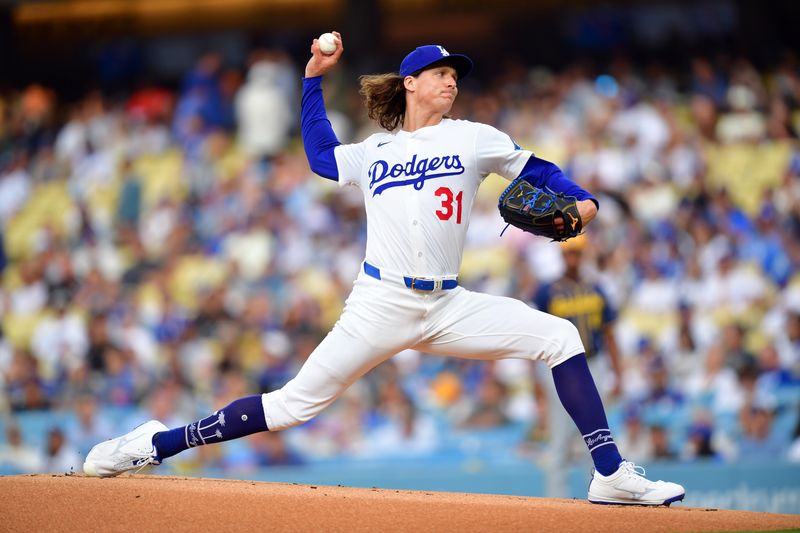 Jul 18, 2025; Los Angeles, California, USA; Los Angeles Dodgers pitcher Tyler Glasnow (31) pitches in the first inning against the Milwaukee Brewers at Dodger Stadium. Mandatory Credit: Gary A. Vasquez-Imagn Images