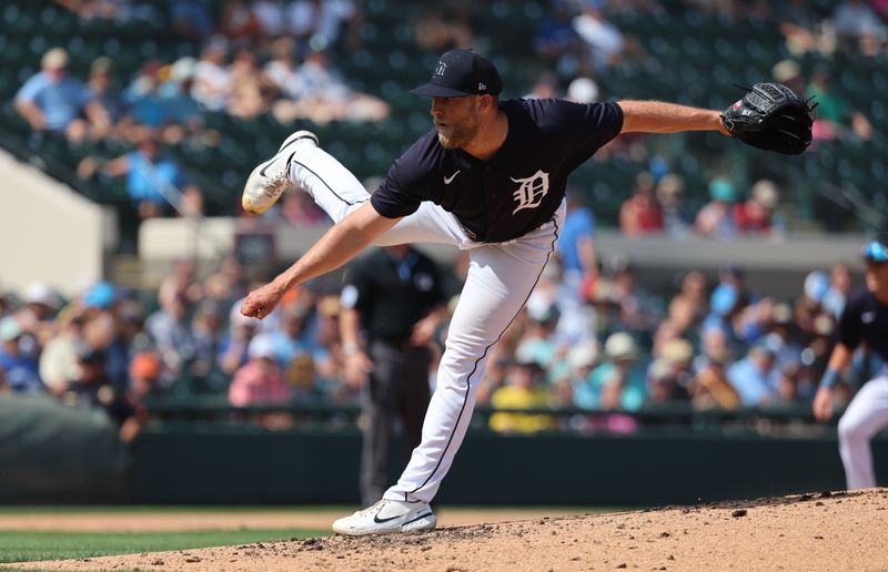 Mar 4, 2023; Lakeland, Florida, USA; Detroit Tigers relief pitcher Will Vest (19) throws against the Toronto Blue Jays during the fourth inning at Publix Field at Joker Marchant Stadium. Mandatory Credit: Kim Klement-USA TODAY Sports