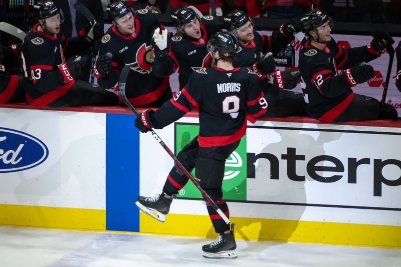 Dec 5, 2024; Ottawa, Ontario, CAN;  Ottawa Senators center Josh Norris (9) celebrates his goal with teammates in the third period against the Detroit Red Wings at the Canadian Tire Centre. Mandatory Credit: Marc DesRosiers-Imagn Images