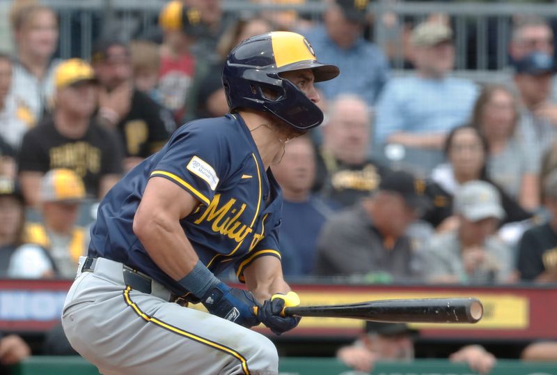 Sep 26, 2024; Pittsburgh, Pennsylvania, USA;  Milwaukee Brewers left fielder Sal Frelick (10) hits a double against the Pittsburgh Pirates during the fifth inning at PNC Park. Mandatory Credit: Charles LeClaire-Imagn Images