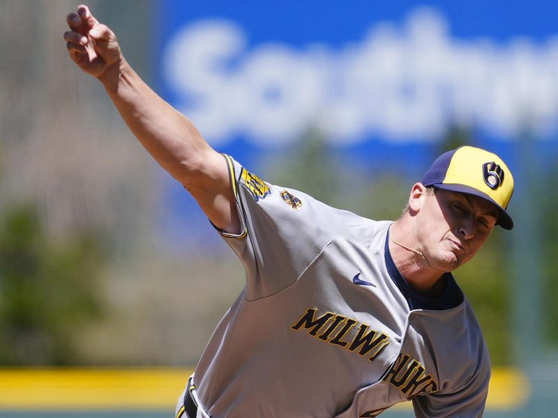 Apr 10, 2025; Denver, Colorado, USA; Milwaukee Brewers starting pitcher Quinn Priester (46) delivers a pitch in the first inning against the Colorado Rockies at Coors Field. Mandatory Credit: Ron Chenoy-Imagn Images