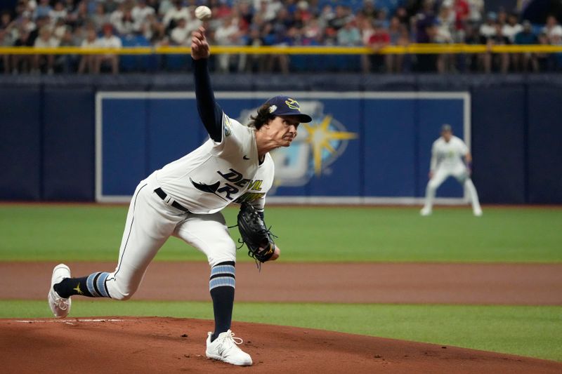 Jul 7, 2023; St. Petersburg, Florida, USA; Tampa Bay Rays starting pitcher Tyler Glasnow (20) throws a pitch against the Atlanta Braves during the first inning at Tropicana Field. Mandatory Credit: Dave Nelson-USA TODAY Sports