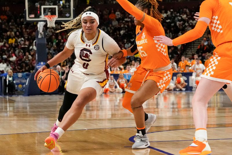 Mar 9, 2024; Greensville, SC, USA; South Carolina Gamecocks guard Te-Hina Paopao (0) dribbles against Tennessee Lady Vols guard Jasmine Powell (15) during the second half at Bon Secours Wellness Arena. Mandatory Credit: Jim Dedmon-USA TODAY Sports