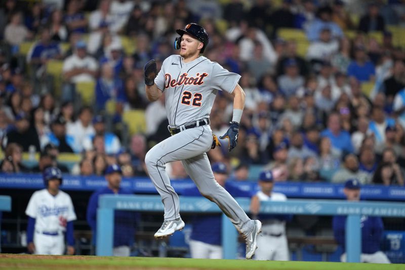 Sep 20, 2023; Los Angeles, California, USA; Detroit Tigers center fielder Parker Meadows (22) scores in the seventh inning against the Los Angeles Dodgers at Dodger Stadium. Mandatory Credit: Kirby Lee-USA TODAY Sports