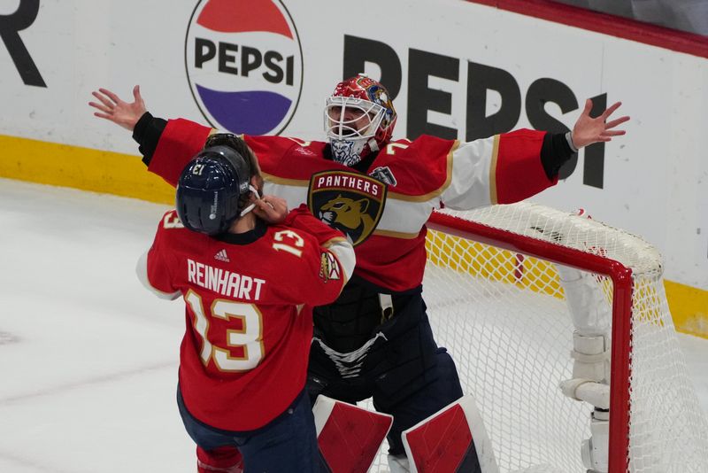 Jun 24, 2024; Sunrise, Florida, USA; Florida Panthers celebrate winning against the Edmonton Oilers in game seven of the 2024 Stanley Cup Final at Amerant Bank Arena. Mandatory Credit: Jim Rassol-USA TODAY Sports