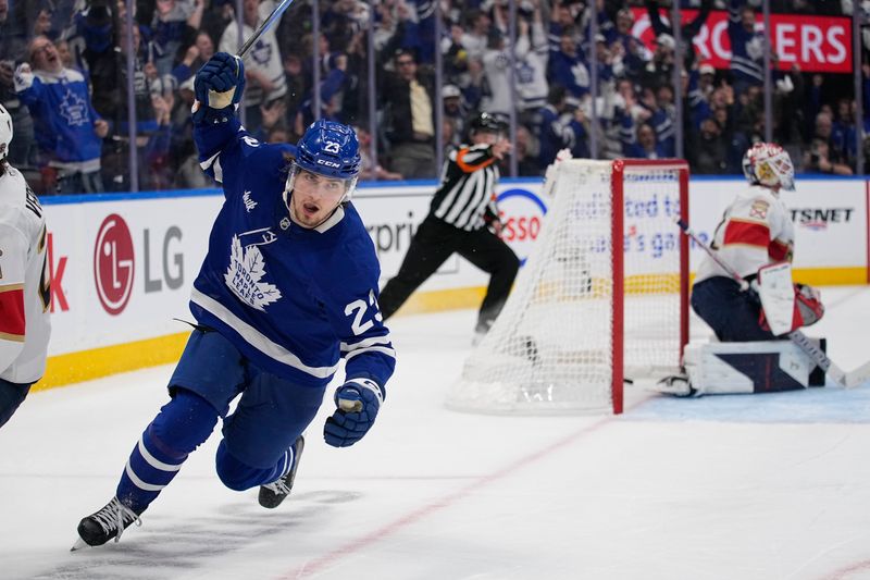 May 5, 2025; Toronto, Ontario, CAN; Toronto Maple Leafs forward Matthew Knies (23) celebrates his goal against Florida Panthers goaltender Sergei Bobrovsky (72) during the third period of game one of the second round of the 2025 Stanley Cup Playoffs at Scotiabank Arena. Mandatory Credit: John E. Sokolowski-Imagn Images
