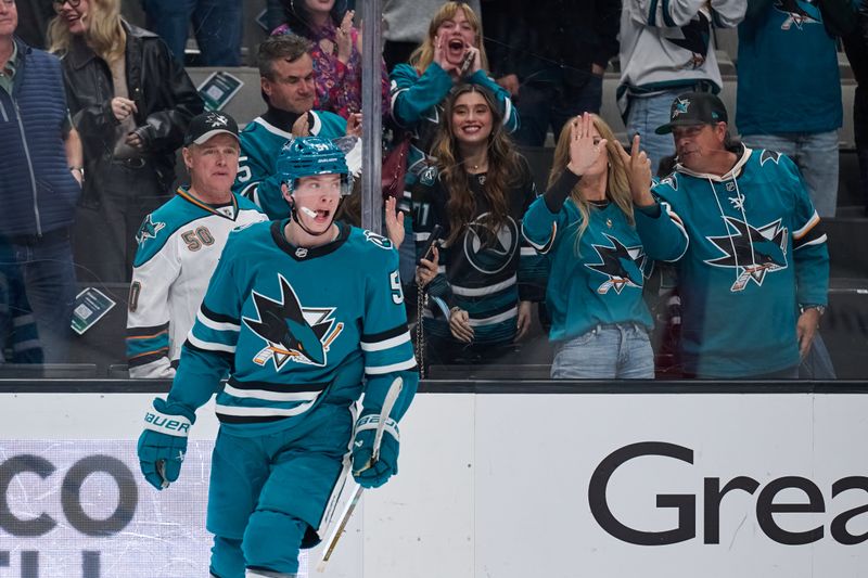 Dec 18, 2025; San Jose, California, USA; San Jose Sharks right wing Collin Graf (51) reacts after scoring his second goal of the game against the Dallas Stars during the third period at SAP Center at San Jose. Mandatory Credit: Robert Edwards-Imagn Images