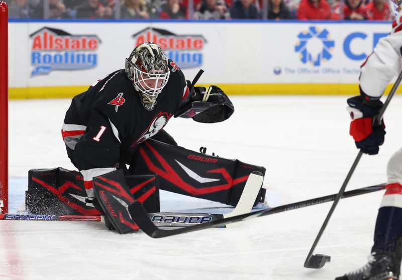 Mar 12, 2026; Buffalo, New York, USA;  Buffalo Sabres goaltender Ukko-Pekka Luukkonen (1) looks to make a save during the first period against the Washington Capitals at KeyBank Center. Mandatory Credit: Timothy T. Ludwig-Imagn Images