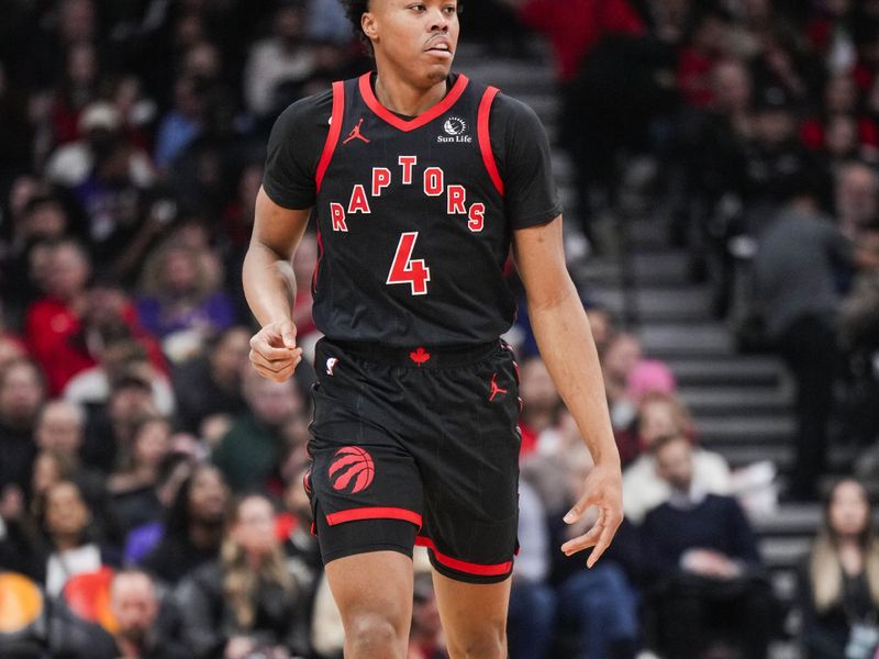 TORONTO, ON - FEBRUARY 9: Scottie Barnes #4 of the Toronto Raptors dribbles against the Houston Rockets during the first half of their basketball game at the Scotiabank Arena on February 9, 2024 in Toronto, Ontario, Canada. NOTE TO USER: User expressly acknowledges and agrees that, by downloading and/or using this Photograph, user is consenting to the terms and conditions of the Getty Images License Agreement. (Photo by Mark Blinch/Getty Images)