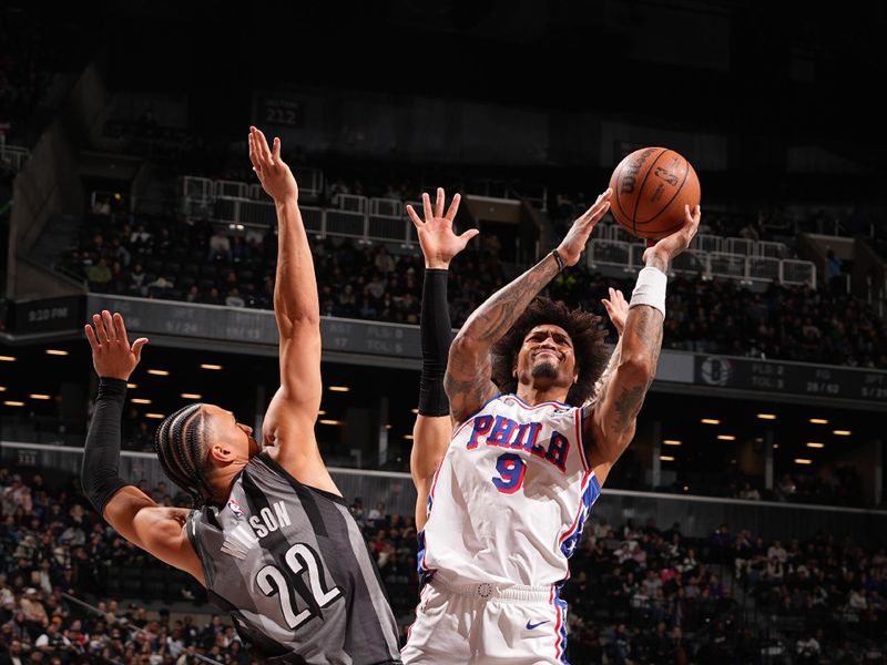 BROOKLYN, NY - FEBRUARY 12: Kelly Oubre Jr. #9 of the Philadelphia 76ers drives to the basket during the game against the Brooklyn Nets on February 12, 2025 at Barclays Center in Brooklyn, New York. NOTE TO USER: User expressly acknowledges and agrees that, by downloading and or using this Photograph, user is consenting to the terms and conditions of the Getty Images License Agreement. Mandatory Copyright Notice: Copyright 2025 NBAE (Photo by Jesse D. Garrabrant/NBAE via Getty Images)