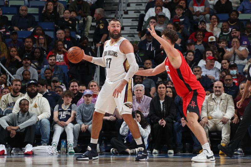 NEW ORLEANS, LA - FEBRUARY 22: Jonas Valanciunas #17 of the New Orleans Pelicans dribbles the ball during the game against the Houston Rockets on February 22, 2024 at the Smoothie King Center in New Orleans, Louisiana. NOTE TO USER: User expressly acknowledges and agrees that, by downloading and or using this Photograph, user is consenting to the terms and conditions of the Getty Images License Agreement. Mandatory Copyright Notice: Copyright 2024 NBAE (Photo by Layne Murdoch Jr./NBAE via Getty Images)