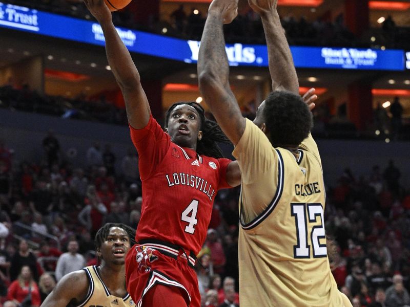 Feb 10, 2024; Louisville, Kentucky, USA; Louisville Cardinals guard Ty-Laur Johnson (4) shoots against Georgia Tech Yellow Jackets forward Tyzhaun Claude (12) during the second half at KFC Yum! Center. Louisville defeated Georgia Tech 79-67. Mandatory Credit: Jamie Rhodes-USA TODAY Sports