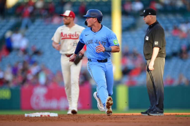 Aug 12, 2024; Anaheim, California, USA; Toronto Blue Jays second baseman Will Wagner (7) leads off from second against the Los Angeles Angels during the second inning at Angel Stadium. Mandatory Credit: Gary A. Vasquez-USA TODAY Sports