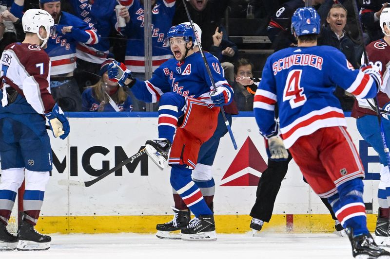 Feb 5, 2024; New York, New York, USA;  New York Rangers left wing Artemi Panarin (10) celebrates his game tying goal against the Colorado Avalanche during the third period at Madison Square Garden. Mandatory Credit: Dennis Schneidler-USA TODAY Sports