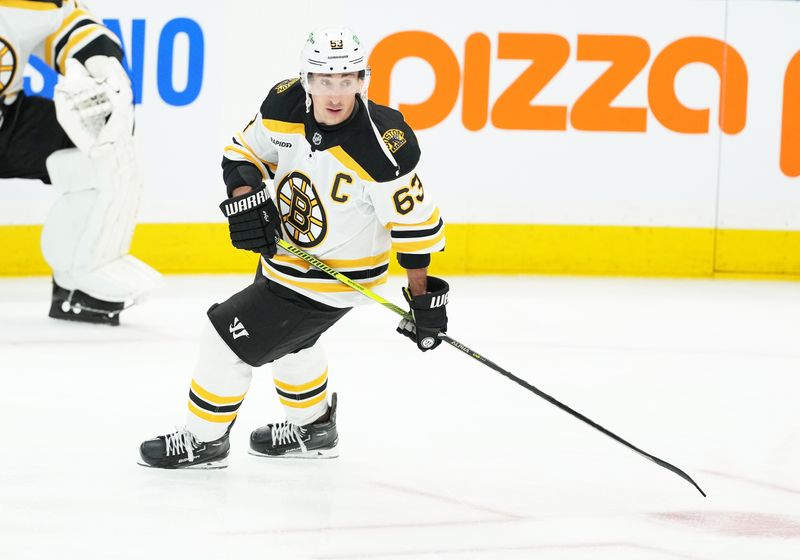 Nov 5, 2024; Toronto, Ontario, CAN; Boston Bruins left wing Brad Marchand (63) skates during the warmup before a game against the Toronto Maple Leafs at Scotiabank Arena. Mandatory Credit: Nick Turchiaro-Imagn Images