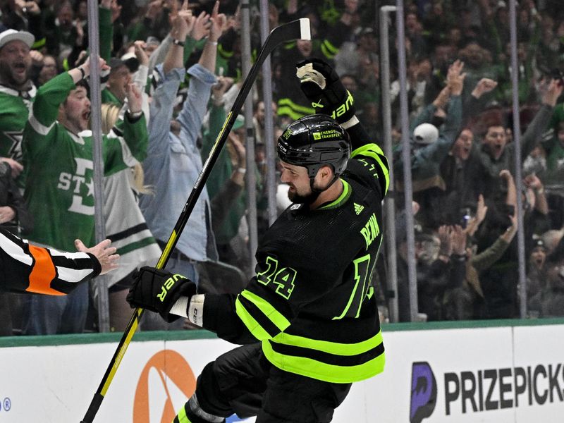 Apr 3, 2024; Dallas, Texas, USA; Dallas Stars left wing Jamie Benn (14) celebrates scoring a goal against the Edmonton Oilers during the second period at the American Airlines Center. Mandatory Credit: Jerome Miron-USA TODAY Sports