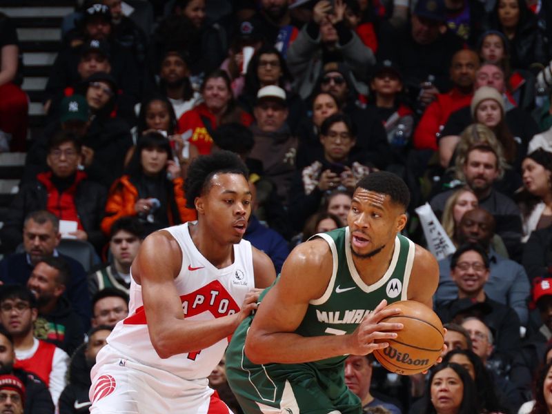 TORONTO, CANADA - JANUARY 6: Giannis Antetokounmpo #34 of the Milwaukee Bucks looks to pass the ball during the game against the Toronto Raptors on January 6, 2025 at the Scotiabank Arena in Toronto, Ontario, Canada.  NOTE TO USER: User expressly acknowledges and agrees that, by downloading and or using this Photograph, user is consenting to the terms and conditions of the Getty Images License Agreement.  Mandatory Copyright Notice: Copyright 2025 NBAE (Photo by Vaughn Ridley/NBAE via Getty Images)