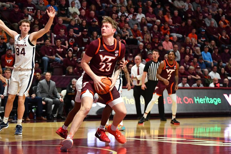 Feb 19, 2024; Blacksburg, Virginia, USA; Virginia Tech Hokies guard Tyler Nickel (23) moves to the basket during the second half at Cassell Coliseum. Mandatory Credit: Brian Bishop-USA TODAY Sports