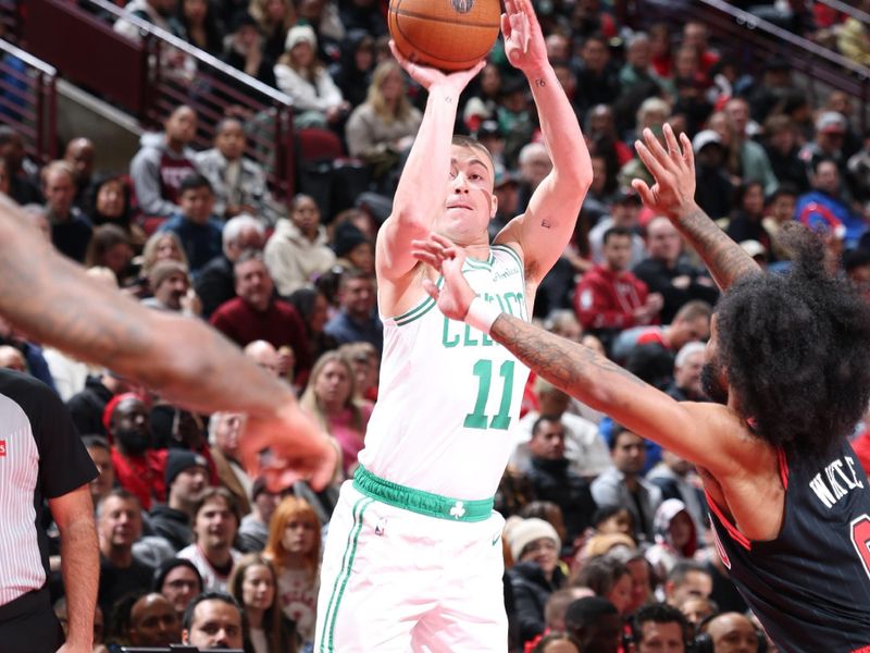 CHICAGO, IL - NOVEMBER 29: Payton Pritchard #11 of the Boston Celtics shoots the ball during the game against the Chicago Bulls during the Emirates NBA Cup game on November 29, 2024 at United Center in Chicago, Illinois. NOTE TO USER: User expressly acknowledges and agrees that, by downloading and or using this photograph, User is consenting to the terms and conditions of the Getty Images License Agreement. Mandatory Copyright Notice: Copyright 2024 NBAE (Photo by Jeff Haynes/NBAE via Getty Images)