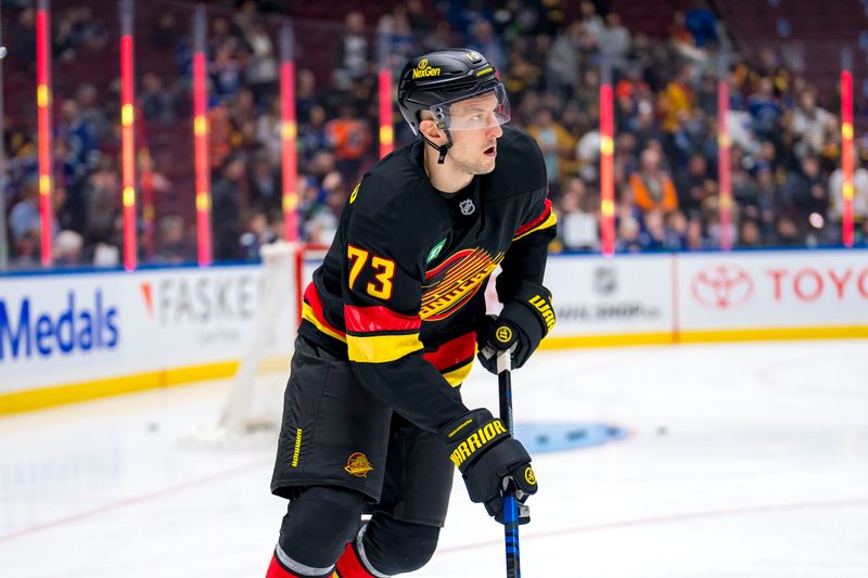 Nov 9, 2024; Vancouver, British Columbia, CAN; Vancouver Canucks defenseman Vincent Desharnais (73) handles the puck during warm up prior to a game against the Edmonton Oilers at Rogers Arena. Mandatory Credit: Bob Frid-Imagn Images