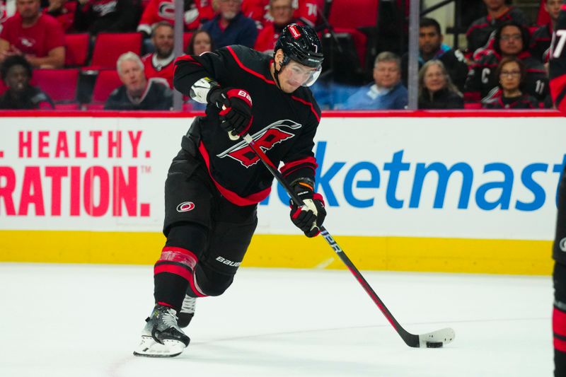 Oct 27, 2023; Raleigh, North Carolina, USA; Carolina Hurricanes defenseman Dmitry Orlov (7) takes a shot against the San Jose Sharks during the third period at PNC Arena. Mandatory Credit: James Guillory-USA TODAY Sports