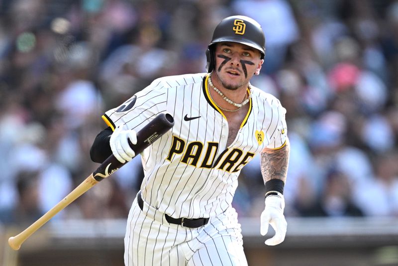 Jul 10, 2024; San Diego, California, USA; San Diego Padres center fielder Jackson Merrill (3) looks on after flying out during the fifth inning against the Seattle Mariners at Petco Park. Mandatory Credit: Orlando Ramirez-USA TODAY Sports