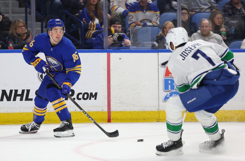Jan 6, 2026; Buffalo, New York, USA;  Buffalo Sabres center Noah Ostlund (86) makes a pass as Vancouver Canucks defenseman P.O. Joseph (7) defends during the second period at KeyBank Center. Mandatory Credit: Timothy T. Ludwig-Imagn Images