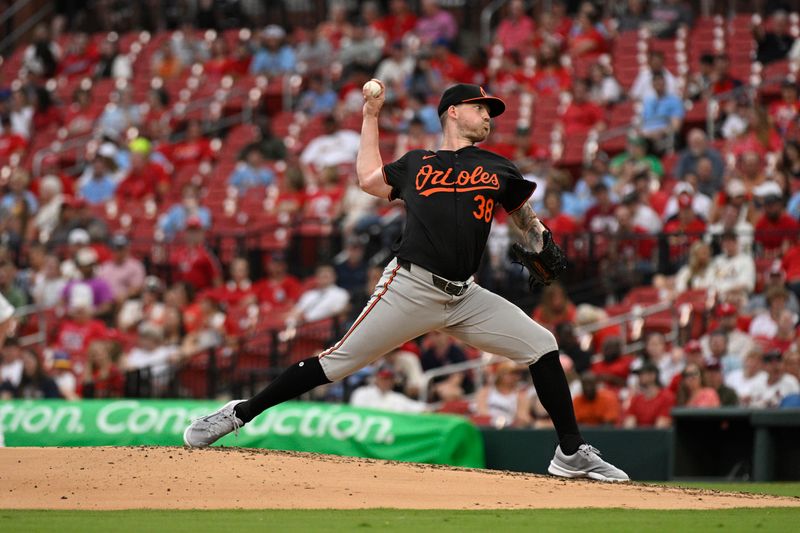 May 21, 2024; St. Louis, Missouri, USA; Baltimore Orioles pitcher Kyle Bradish (38) pitches against the St. Louis Cardinals during the second inning at Busch Stadium. Mandatory Credit: Jeff Le-USA TODAY Sports