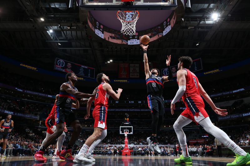 WASHINGTON, DC -? MARCH 29:  Cade Cunningham #2 of the Detroit Pistons goes to the basket during the game on March 29, 2024 at Capital One Arena in Washington, DC. NOTE TO USER: User expressly acknowledges and agrees that, by downloading and or using this Photograph, user is consenting to the terms and conditions of the Getty Images License Agreement. Mandatory Copyright Notice: Copyright 2024 NBAE (Photo by Stephen Gosling/NBAE via Getty Images)