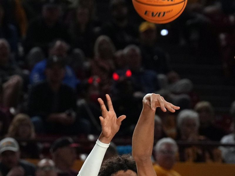 Dec 4, 2022; Tempe, Arizona, USA; Arizona State Sun Devils guard Austin Nunez (2) shoots against the Stanford Cardinal during the second half at Desert Financial Arena. Mandatory Credit: Joe Camporeale-USA TODAY Sports