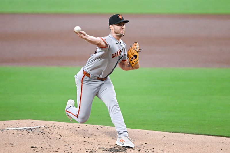 Aug 20, 2025; San Diego, California, USA; San Francisco Giants starting pitcher Landen Roupp (65) delivers during the first inning against the San Diego Padres at Petco Park. Mandatory Credit: Denis Poroy-Imagn Images Aug 20, 2025; San Diego, California, USA; San Francisco Giants starting pitcher Landen Roupp (65) delivers during the first inning against the San Diego Padres at Petco Park. Mandatory Credit: Denis Poroy-Imagn Images