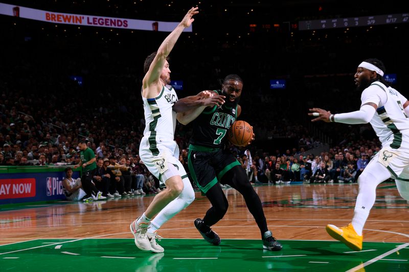 BOSTON, MA - MARCH 20: Jaylen Brown #7 of the Boston Celtics handles the ball during the game against the Milwaukee Bucks on March 20, 2024 at the TD Garden in Boston, Massachusetts. NOTE TO USER: User expressly acknowledges and agrees that, by downloading and or using this photograph, User is consenting to the terms and conditions of the Getty Images License Agreement. Mandatory Copyright Notice: Copyright 2024 NBAE  (Photo by Brian Babineau/NBAE via Getty Images)