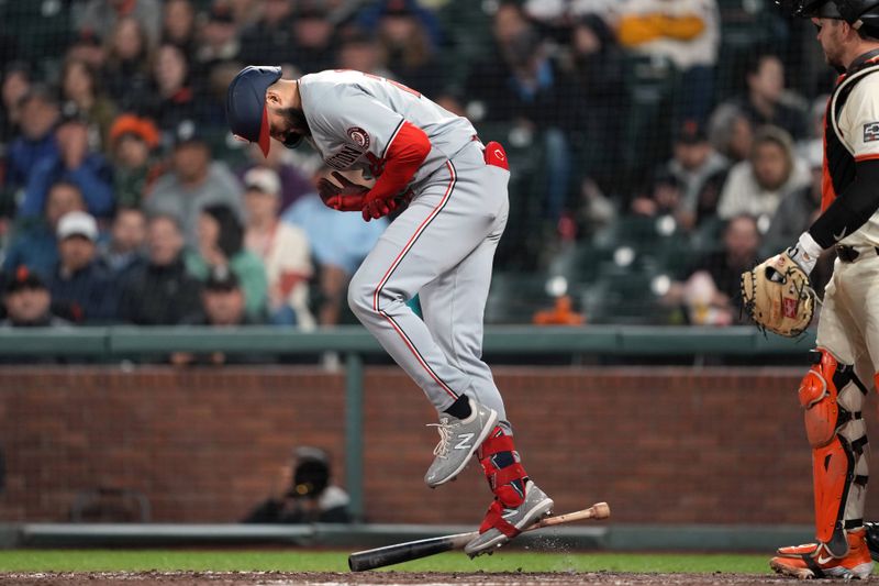 Apr 9, 2024; San Francisco, California, USA; Washington Nationals designated hitter Joey Gallo (24) reacts after being hit by a pitch against the San Francisco Giants during the eighth inning at Oracle Park. Mandatory Credit: Darren Yamashita-USA TODAY Sports