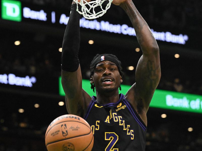 BOSTON, MASSACHUSETTS - FEBRUARY 01: Jarred Vanderbilt #2 of the Los Angeles Lakers dunks and scores against the Boston Celtics during the first quarter at the TD Garden on February 01, 2024 in Boston, Massachusetts. NOTE TO USER: User expressly acknowledges and agrees that, by downloading and or using this photograph, User is consenting to the terms and conditions of the Getty Images License Agreement. (Photo by Brian Fluharty/Getty Images)