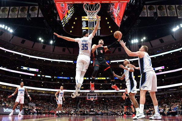 CHICAGO, ILLINOIS - NOVEMBER 17: Zach LaVine #8 of the Chicago Bulls shoots in the second half of an NBA In-Season Tournament against the Orlando Magic at the United Center on November 17, 2023 in Chicago, Illinois.  NOTE TO USER: User expressly acknowledges and agrees that, by downloading and or using this photograph, User is consenting to the terms and conditions of the Getty Images License Agreement.  (Photo by Quinn Harris/Getty Images)