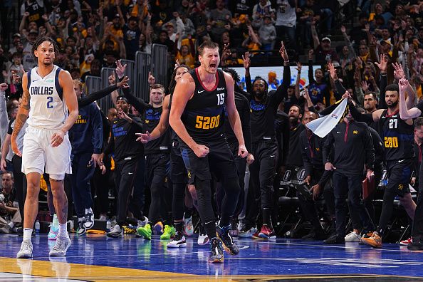 DENVER, CO - NOVEMBER 3: Nikola Jokic #15 of the Denver Nuggets celebrates during the game against the Dallas Mavericks during the In-Season Tournament on November 3, 2023 at the Ball Arena in Denver, Colorado. NOTE TO USER: User expressly acknowledges and agrees that, by downloading and/or using this Photograph, user is consenting to the terms and conditions of the Getty Images License Agreement. Mandatory Copyright Notice: Copyright 2023 NBAE (Photo by Bart Young/NBAE via Getty Images)