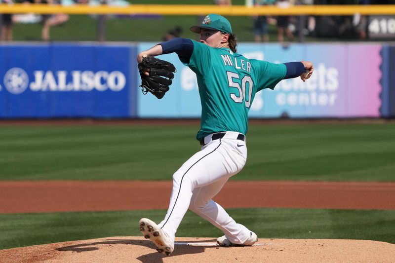 Feb 26, 2026; Peoria, Arizona, USA; Seattle Mariners pitcher Bryce Miller (50) throws a pitch during the first inning against the Cleveland Guardians at Peoria Sports Complex. Mandatory Credit: Rick Scuteri-Imagn Images