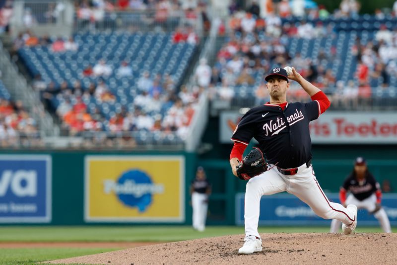 Apr 24, 2025; Washington, District of Columbia, USA; Washington Nationals starting pitcher MacKenzie Gore (1) pitches against the Baltimore Orioles during the second inning at Nationals Park. Mandatory Credit: Geoff Burke-Imagn Images